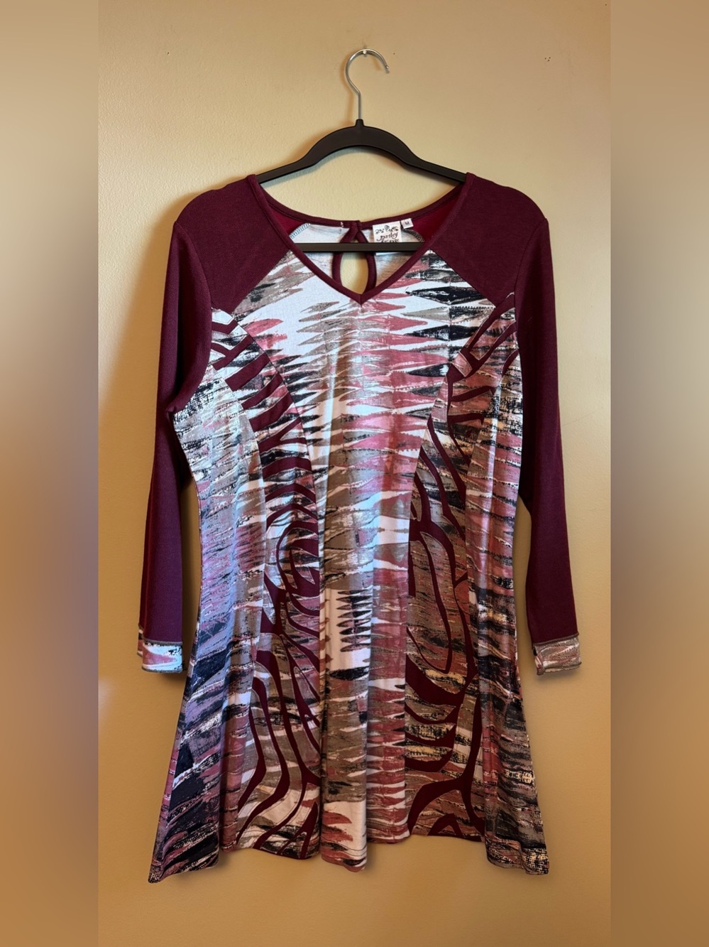 Parsley & Sage Burgundy Multi-Print Long-Sleeve Dress